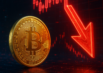 Una moneda de BTC junto a un gráfico de velas y una flecha roja.