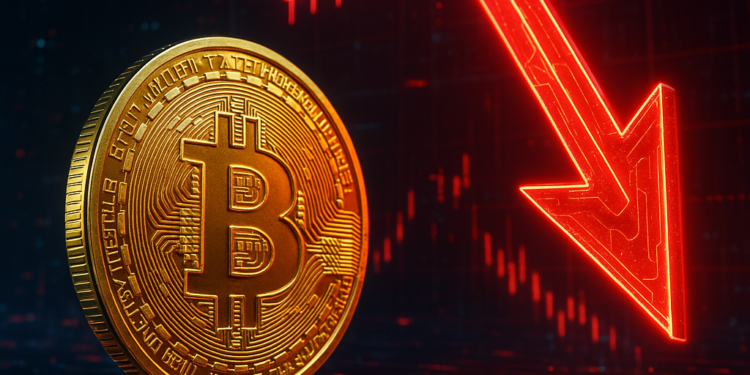 Una moneda de BTC junto a un gráfico de velas y una flecha roja.