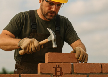 Una imagen creada con inteligencia artificial muestra a un hombre construyendo con bloques físicos con el logo de bitcoin,