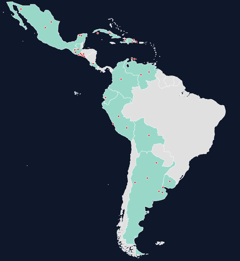 Un mapa muestra con puntos rojos las comunidades que forman parte de la Federación Bitcoin de Latinoamérica.