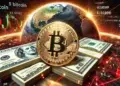 Una moneda de BTC junto a billetes de dólares y un planeta.