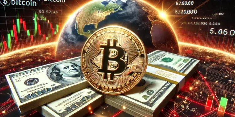 Una moneda de BTC junto a billetes de dólares y un planeta.
