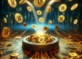 Muchas monedas de BTC saliendo desde un pozo.