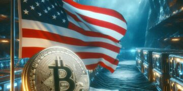 La bandera de Estados Unidos de fondo con una moneda de bitcoin en primer plano.