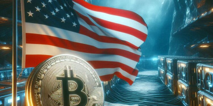 La bandera de Estados Unidos de fondo con una moneda de bitcoin en primer plano.