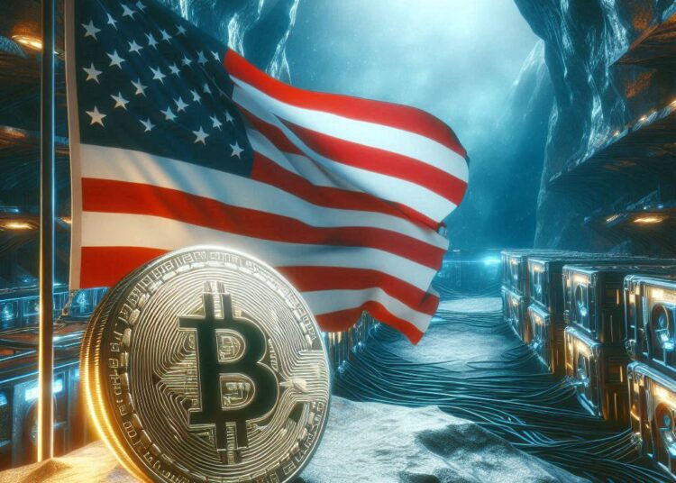 La bandera de Estados Unidos de fondo con una moneda de bitcoin en primer plano.
