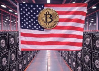 Un galpón con ASIC de BTC y una bandera de EE. UU.
