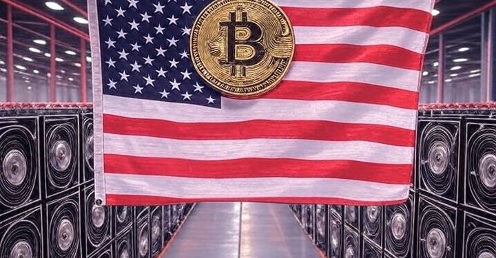 Un galpón con ASIC de BTC y una bandera de EE. UU.
