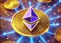 Logo de Ethereum junto a monedas de oro de ETH.