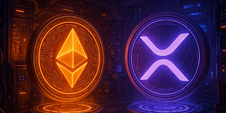Un token de ETH junto a uno de XRP en un laboratorio.