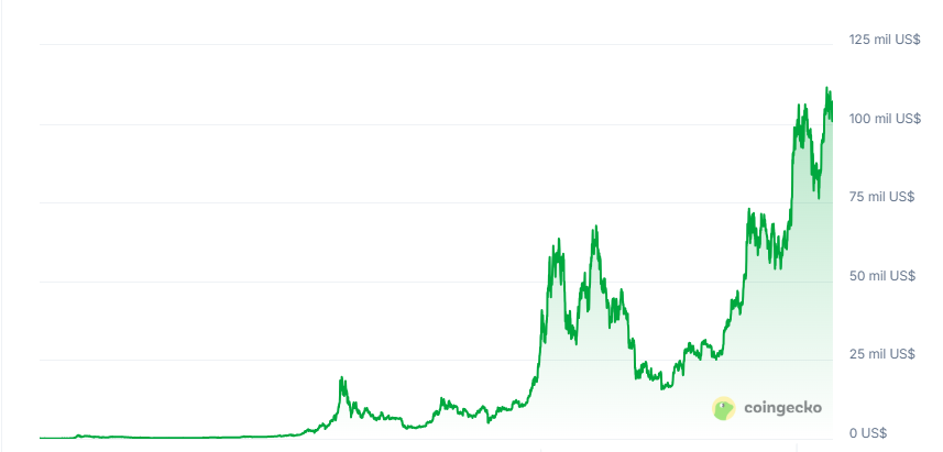 Un gráfico que muestra cómo el precio de bitcoin se ha elevado históricamente.