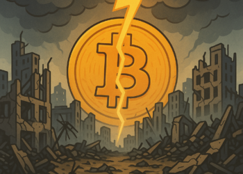 Una ciudad destruida y dividida por un rayo, junto una moneda de BTC.