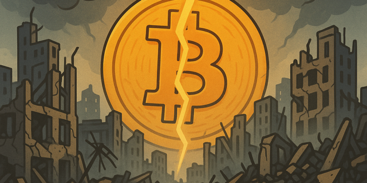 Una ciudad destruida y dividida por un rayo, junto una moneda de BTC.