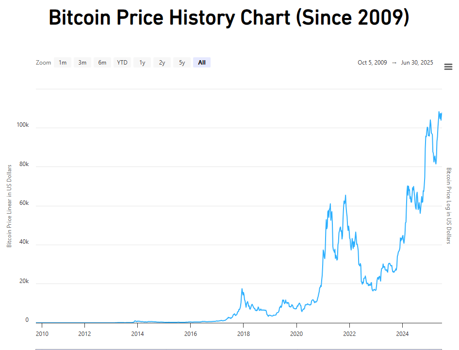 Gráfico que refleja el historial del precio de bitcoin.