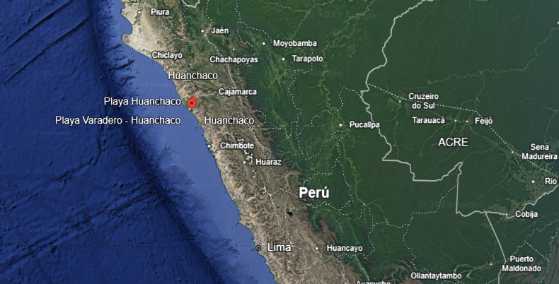 Mapa de Google Earth que muestra la ubicación del balneario de Huanchaco en Perú.