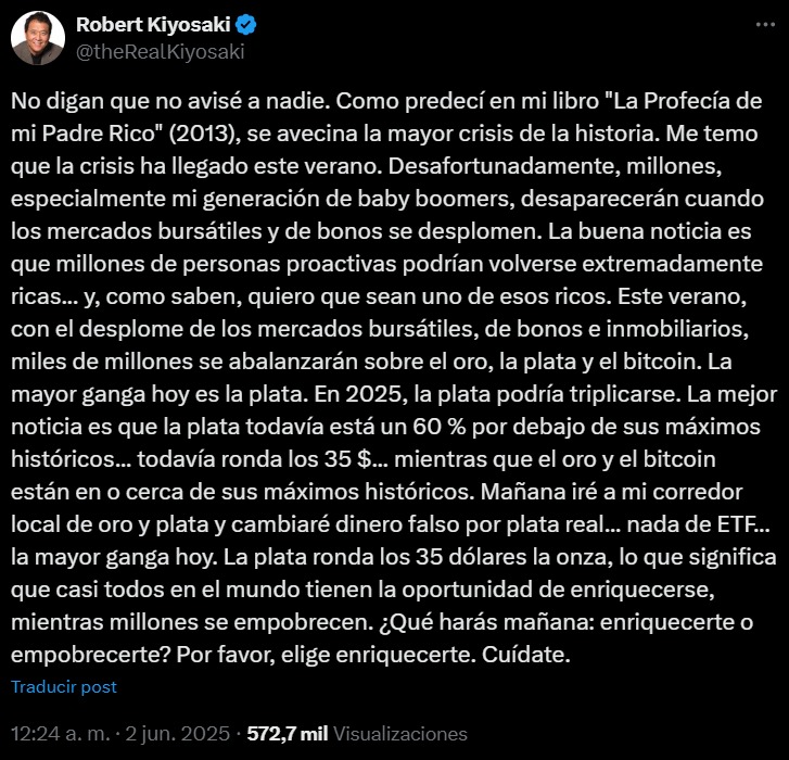kiyosaki apuesta fuerte por bitcoin, el oro y la plata