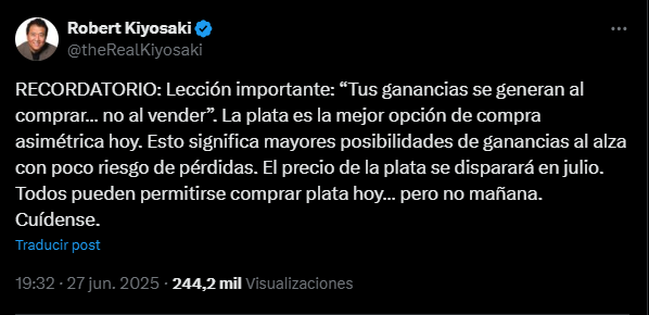 Un tuit con lecciones compartidas por el inversionista Robert Kiyosaki.