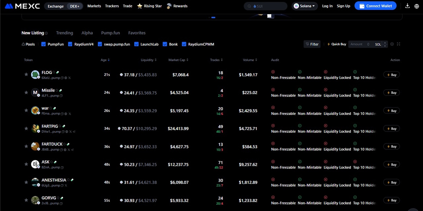 Tabla de pares de trading del DEX+ de MEXC.