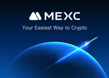 Un cohete saliendo de la orbita terrestre en color azul y el logo del exchange MEXC arriba y al centro.
