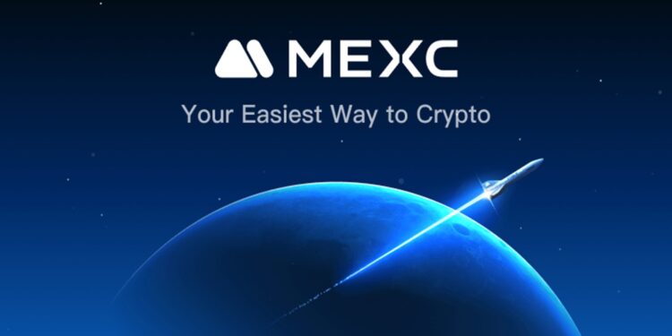 Un cohete saliendo de la orbita terrestre en color azul y el logo del exchange MEXC arriba y al centro.