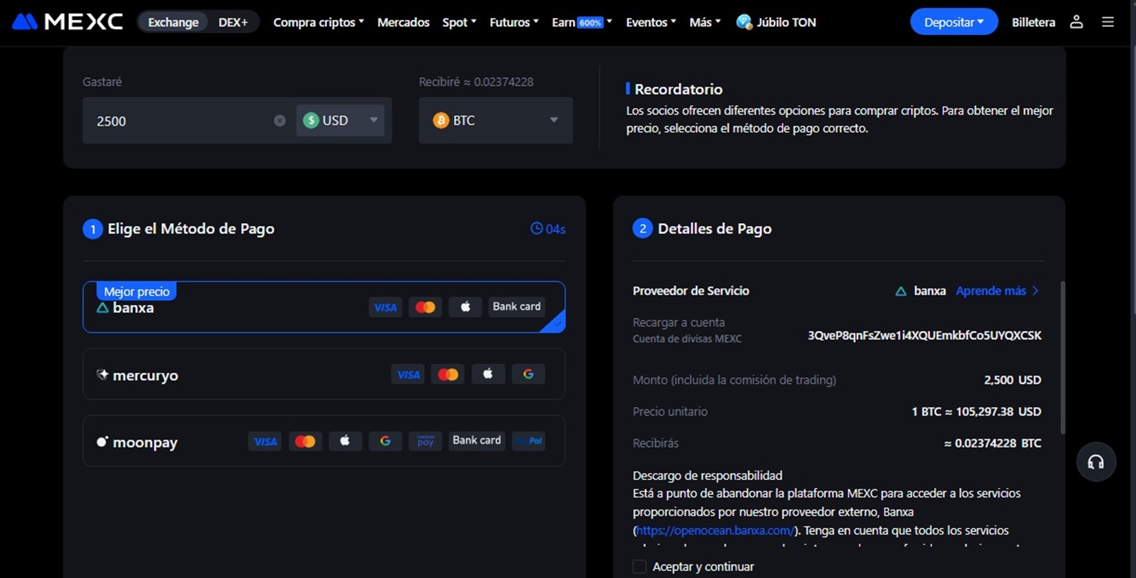Lista de metodos de pago para la compra de criptomonedas.
