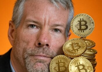 Michael Saylor junto a una moneda de BTC.