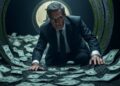 Una persona se desplaza sobre el piso que está cubierto de dólares.