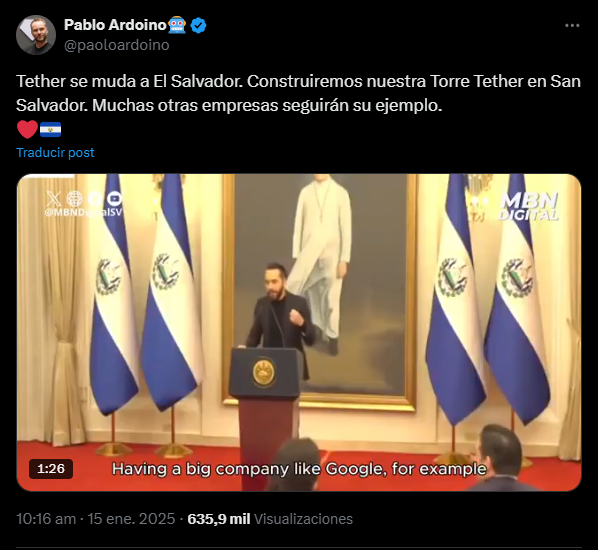 Un tuit de Paolo Ardoino confirmando la construcción de la torre Tether en El Salvador.