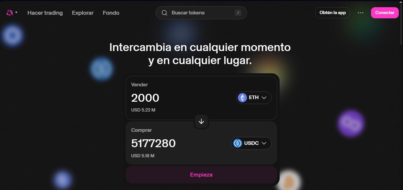 Pantalla de intercambio de criptomonedas en un DEX.