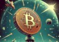 Imagen: un bitcoin en el espacio colonizado por nanobots, ilustración retro