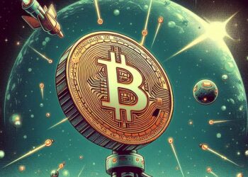 Imagen: un bitcoin en el espacio colonizado por nanobots, ilustración retro