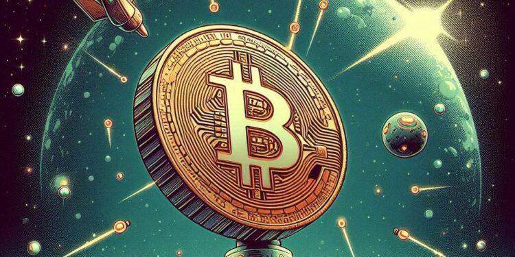 Imagen: un bitcoin en el espacio colonizado por nanobots, ilustración retro