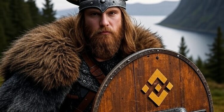 Un guerrero vikingo y un escudo con el logo de la BNB Chain.