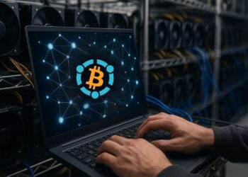Las manos de una persona en el teclado de una portátil y en la pantalla el símbolo de Bitcoin (₿) en naranja sobre fondo azul con un diseño de red de nodos interconectados.