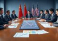 dos grupos diplomáticos sentados en una mesa de negociación.