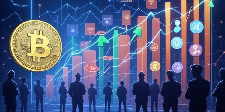 Una ilustración digital que representa el mercado de criptomonedas en 2025, enfocándose en la expectativa de una altseason.