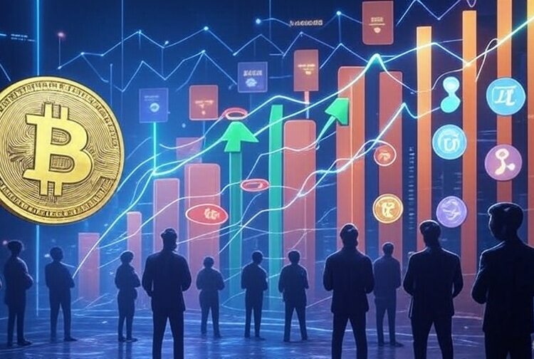 Una ilustración digital que representa el mercado de criptomonedas en 2025, enfocándose en la expectativa de una altseason.