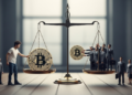 Una balanza con dos monedas de bitcoin, de un lado una persona común y del otro empresarios