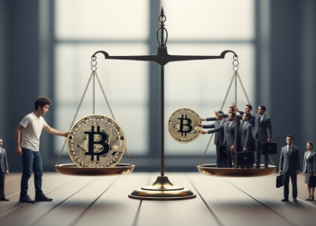 Una balanza con dos monedas de bitcoin, de un lado una persona común y del otro empresarios