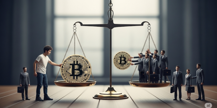 Una balanza con dos monedas de bitcoin, de un lado una persona común y del otro empresarios