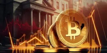 Monedas físicas de bitcoin en primer plano y de fondo la fachada de una institución financiera tradicional.