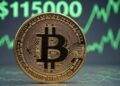 Bitcoin con gráficas verdes y el monto de 115.000 dólares.