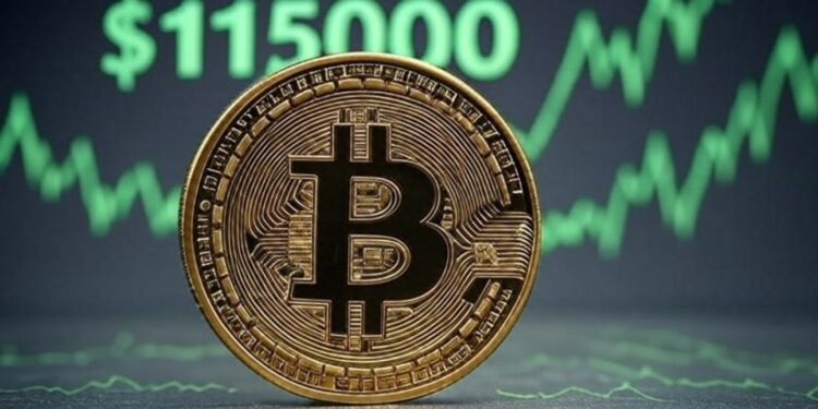 Bitcoin con gráficas verdes y el monto de 115.000 dólares.