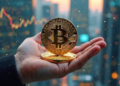 Una mano sosteniendo bitcoin con fondo moderno y futurista.