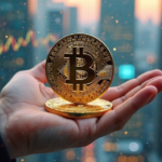 Una mano sosteniendo bitcoin con fondo moderno y futurista.