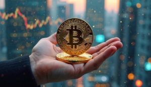 Una mano sosteniendo bitcoin con fondo moderno y futurista.