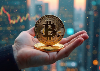 Una mano sosteniendo bitcoin con fondo moderno y futurista.
