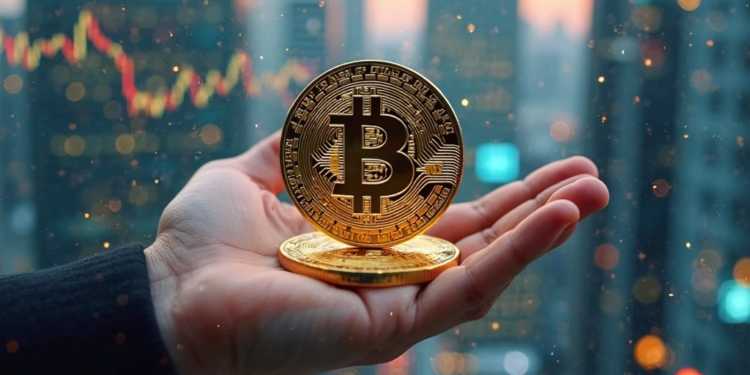 Una mano sosteniendo bitcoin con fondo moderno y futurista.