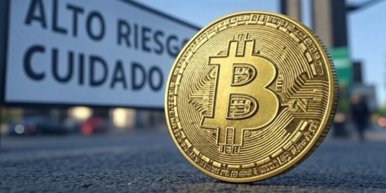 Bitcoin frente a un letrero que dice "Alto riesgo, cuidado".