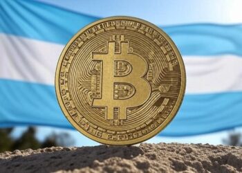 Una moneda de bitcoin delante de la bandera argentina.